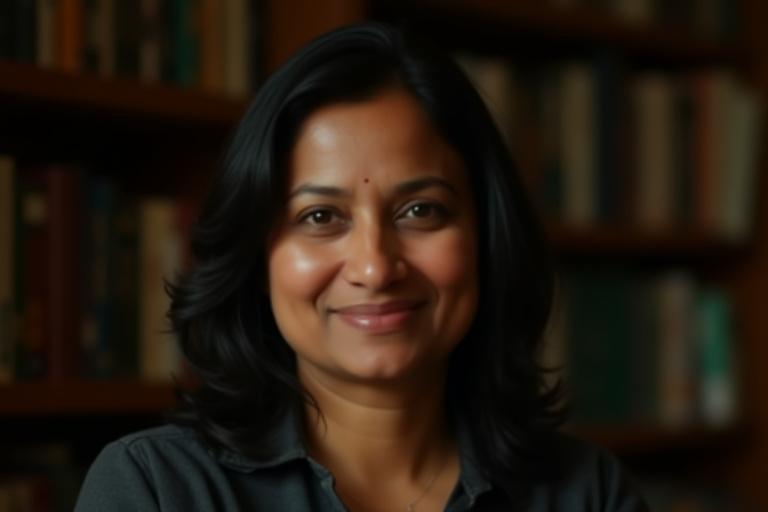 Portrait of author Priya Sharma smiling, with a bookshelf in the background.