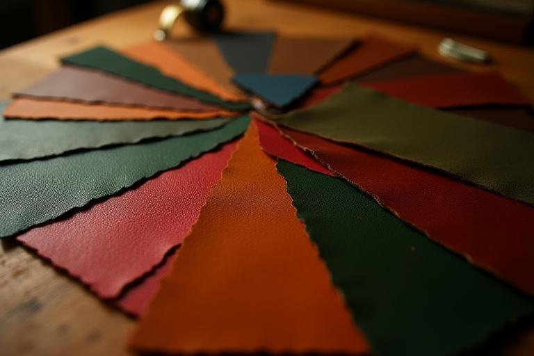 A selection of colorful, high-quality leather samples, organized for a custom bookbinding project, showing various textures and hues.