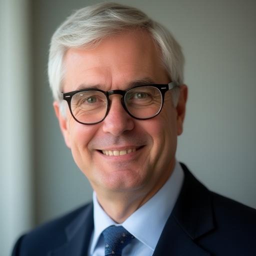 Portrait of Dr. Alistair Finch, a man with a kind smile and spectacles.